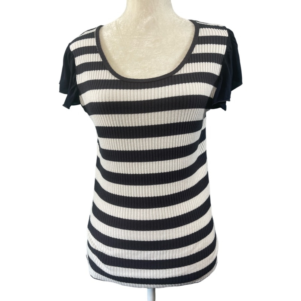 Anthropologie T La Flutter Sleeve Tee Top Navy White Stripe Size XL - Picture 2 of 6